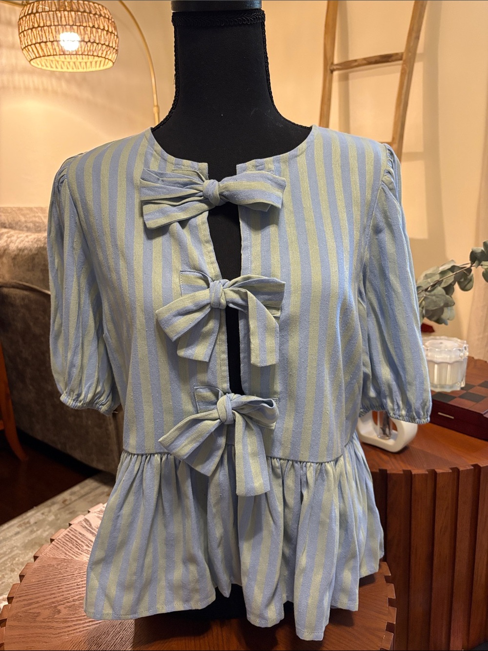 Bow-Front Striped Peplum Blouse in Light Blue and green